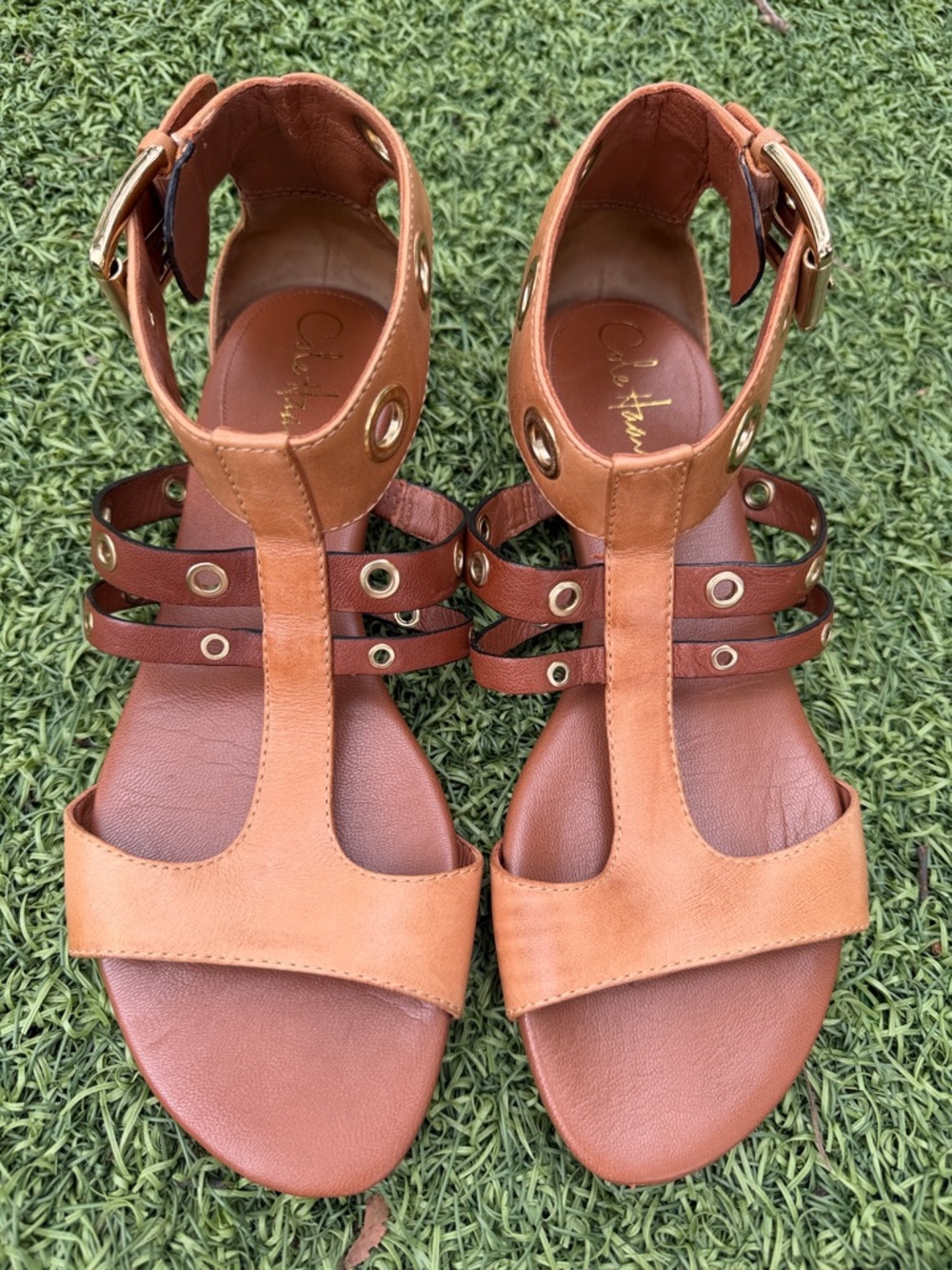 Cole Haan Tan Leather T-Strap Sandals with Gold Eyelets